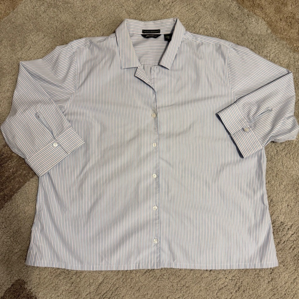 Eddie Bauer Wrinkle Resistant Striped Button Down Shirt Blue Pink 3/4 Sleeve XL